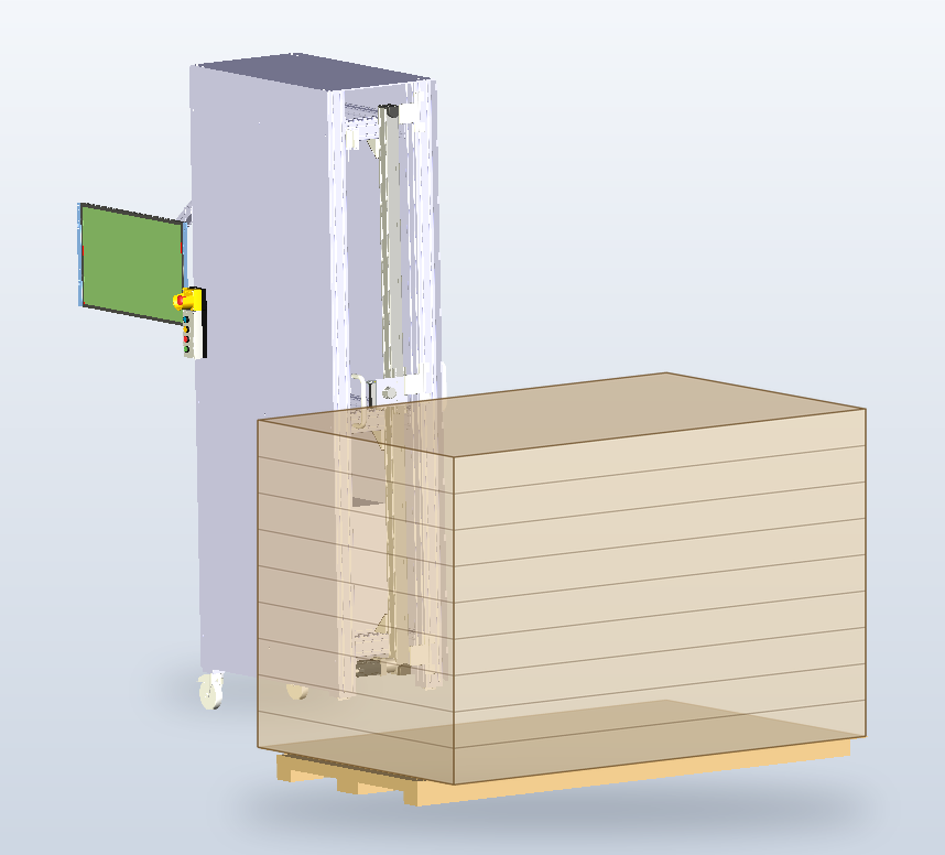 PARKVI carton counting machine (CAD view) with a carton stack on a pallet in front of it, shown transparent